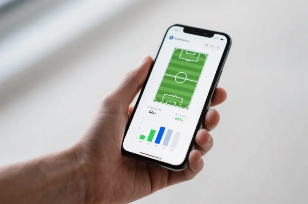 A hand holding a sleek modern smartphone displaying a stylized soccer field graphic with stats bars and charts, clean minimal aesthetic, editorial photography